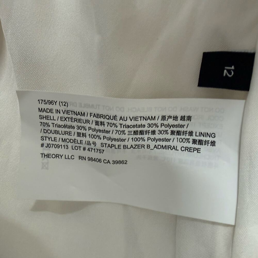 Theory Staple Blazer Admiral Crepe Rice Ivory Women’s Size 12 NWT - Picture 6 of 9